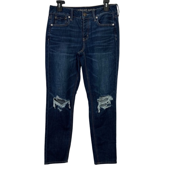 American Eagle Outfitters Womens Blue Jeans Sz 4 Tomgirl Button Fly Distress/Rip - Picture 1 of 15